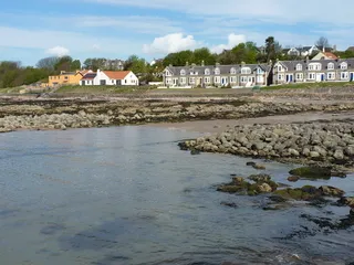 View across the beach at Lower Largo towards the row of houses along the shore
